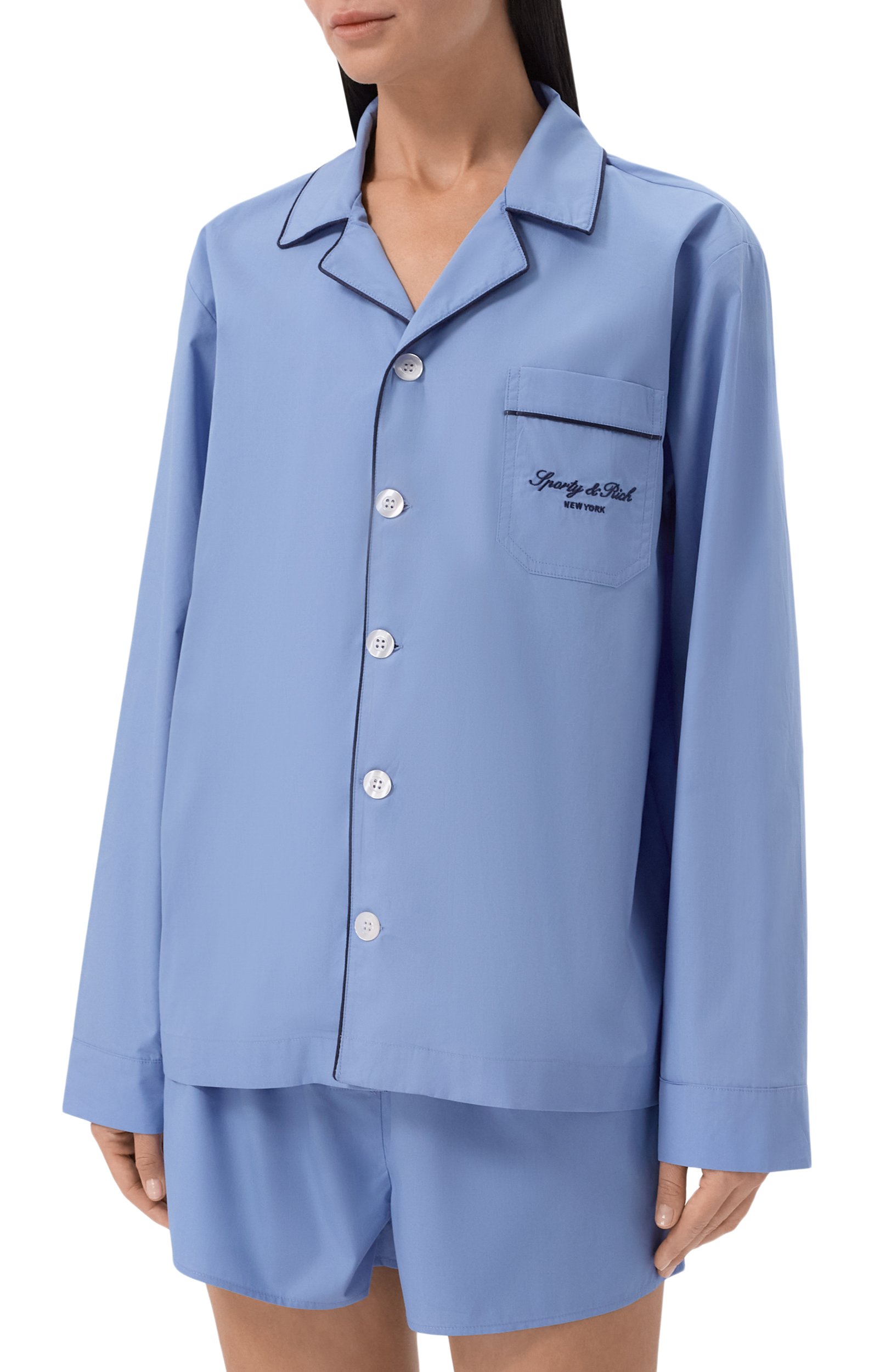 Хлопковая рубашка SPORTY AND RICH голубого цвета по цене 31450 руб., арт. SI021711329BL144, фото 3 Хлопковая рубашка SPORTY AND RICH, арт. SI021711329BL144, фото 3
