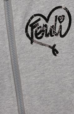 Детский хлопковый кардиган на молнии с капюшоном FENDI серого цвета, арт. JFH061/A4RA/6A-8A | Фото 3 (Рукава: Длинные; Материал внешний: Хлопок; Девочки Кросс-КТ: Кардиган-одежда; Материал сплава: Проставлено; Драгоценные камни: Проставлено; Ювелирные украшения: Назначено)
