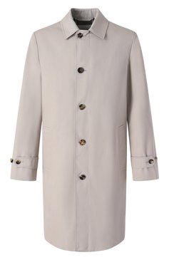 Мужской плащ BURBERRY светло-серого цвета, арт. 8104735 | Фото 1 (Материал внешний: Хлопок, Синтетический материал; Мужское Кросс-КТ: Плащ-верхняя одежда; Драгоценные камни: Проставлено; Длина (верхняя одежда): До колена; Материал сплава: Проставлено; Материал подклада: Хлопок; Рукава: Длинные; Стили: Кэжуэл)