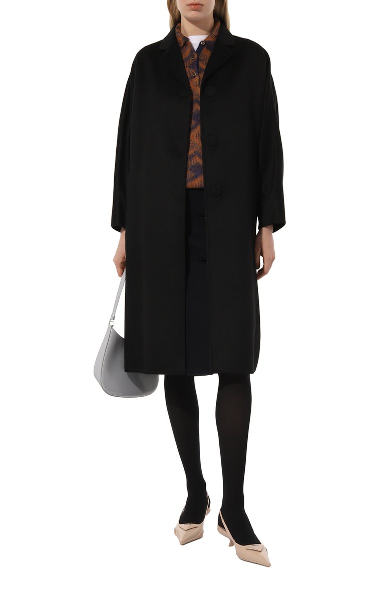 Женское шерстяное пальто PRADA черного цвета, арт. P692NL-1CRU-F0002-211 | Фото 2 (Материал внешний: Шерсть; Рукава: Длинные; Дли�на (верхняя одежда): До колена; 1-2-бортные: Однобортные; Стили: Классический)