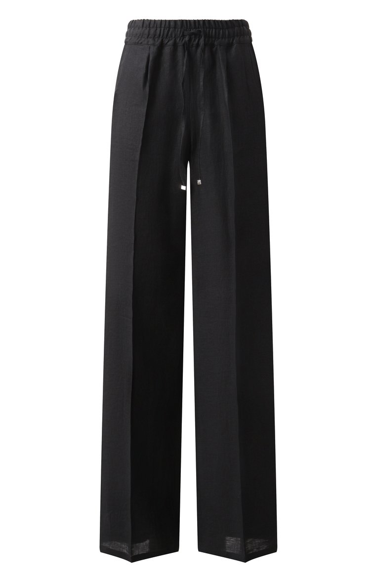 Женские льняные брюки KITON черного цвета, арт. D48122H0800412 | Фото 1 (Материал внешний: Лен; Стили: Классический; Женское Кросс-КТ: Брюки-одежда; Силуэт Ж (брюки и джинсы): Широкие; Длина (брюки, джинсы): Стандартные; Автоматизация состава: Проставлено; Автоматизация ТО: Проставлено)
