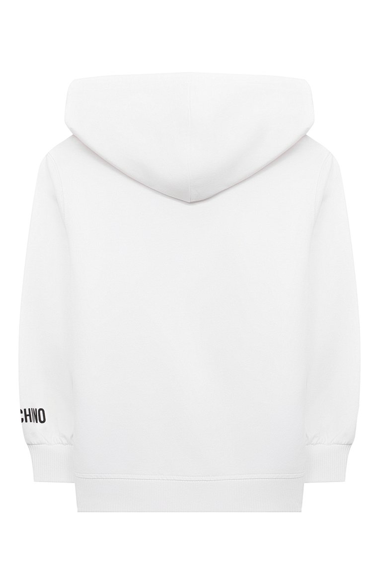 Детский хлопковое худи MOSCHINO белого цвета, арт. HDF063/LCA61/4-8 | Фото 2 (Рукава: Длинные; Материал внешний: Хлопок; Материал сплава: Проставлено; Драгоценные камни: Проставлено; Девочки Кросс-КТ: Худи-одежда; Ростовка одежда: 6 лет | 116 см, 8 лет | 128 см, 4 года | 104 см, 5 лет | 110 см)