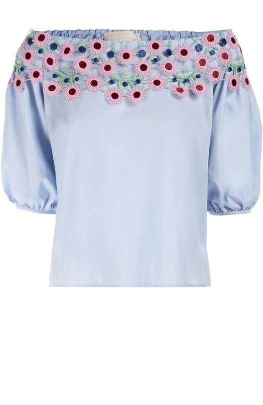 

Топ свободного кроя с открытыми плечами и контрастной цветочной отделкой Peter Pilotto, Голубой