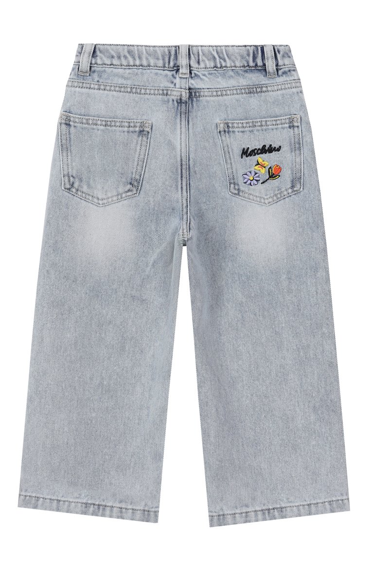 Детские джинсы MOSCHINO голубого цвета, арт. HDP06B/L0E08/4-8 | Фото 2 (Нос: Не проставлено; Материал внешний: Хлопок; Детали: Декор; Автоматизация состава: Проставлено; Ростовка одежда: 4 года | 104 см, 5 лет | 110 см, 6 лет | 116 см, 8 лет | 128 см)