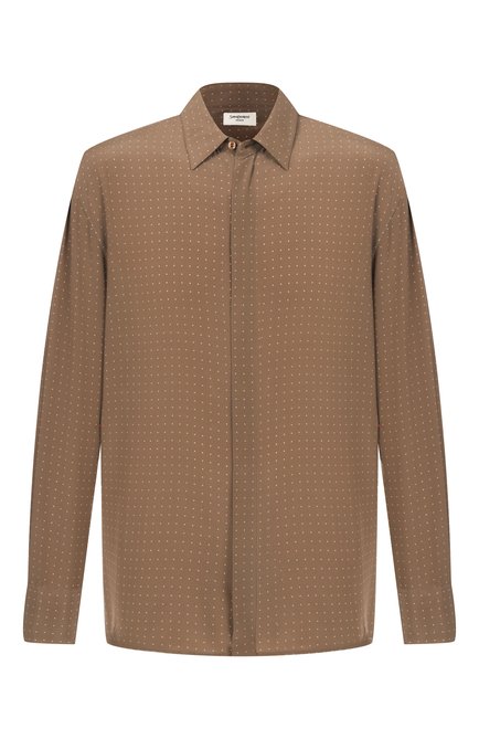 Мужская шелковая рубашка SAINT LAURENT коричневого цвета, арт. 819096/Y2L98 | Фото 1 (Материал сплава: Проставлено; Рукава: Длинные; Драгоценные камни: Проставлено; Длина (для топов): Стандартные; Материал внешний: Шелк)