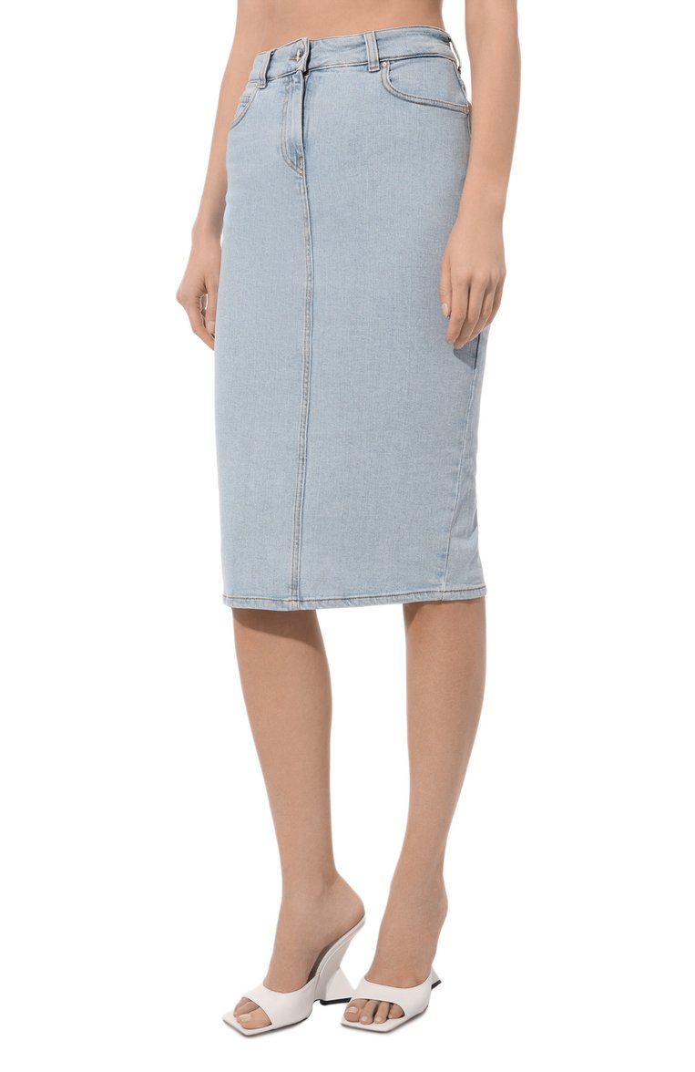 Женская джинсовая юбка KITON голубого цвета, арт. DJ57201K0900D | �Фото 3 (Длина Ж (юбки, платья, шорты): Миди; Материал внешний: Хлопок, Деним; Стили: Гранж; Кросс-КТ: Деним; Женское Кросс-КТ: Юбка-карандаш)