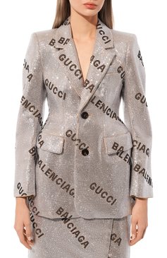 Женский жакет с отделкой стразами gucci x balenciaga GUCCI серебряного цвета, арт. 676219 ZAH31 | Фото 3 (Материал внешний: Шерсть, Шелк; Рукава: Длинные; Стили: Гламурный; Случай: Вечерний; Региональные ограничения белый список (Axapta Mercury): Не проставлено; Длина (для топов): Стандартные; Материал сплава: Проставлено; Нос: Не проставлено; 1-2-бортные: Однобортные; Драгоценные камни: Проставлено; Женское Кросс-КТ: Жакет-одежда)