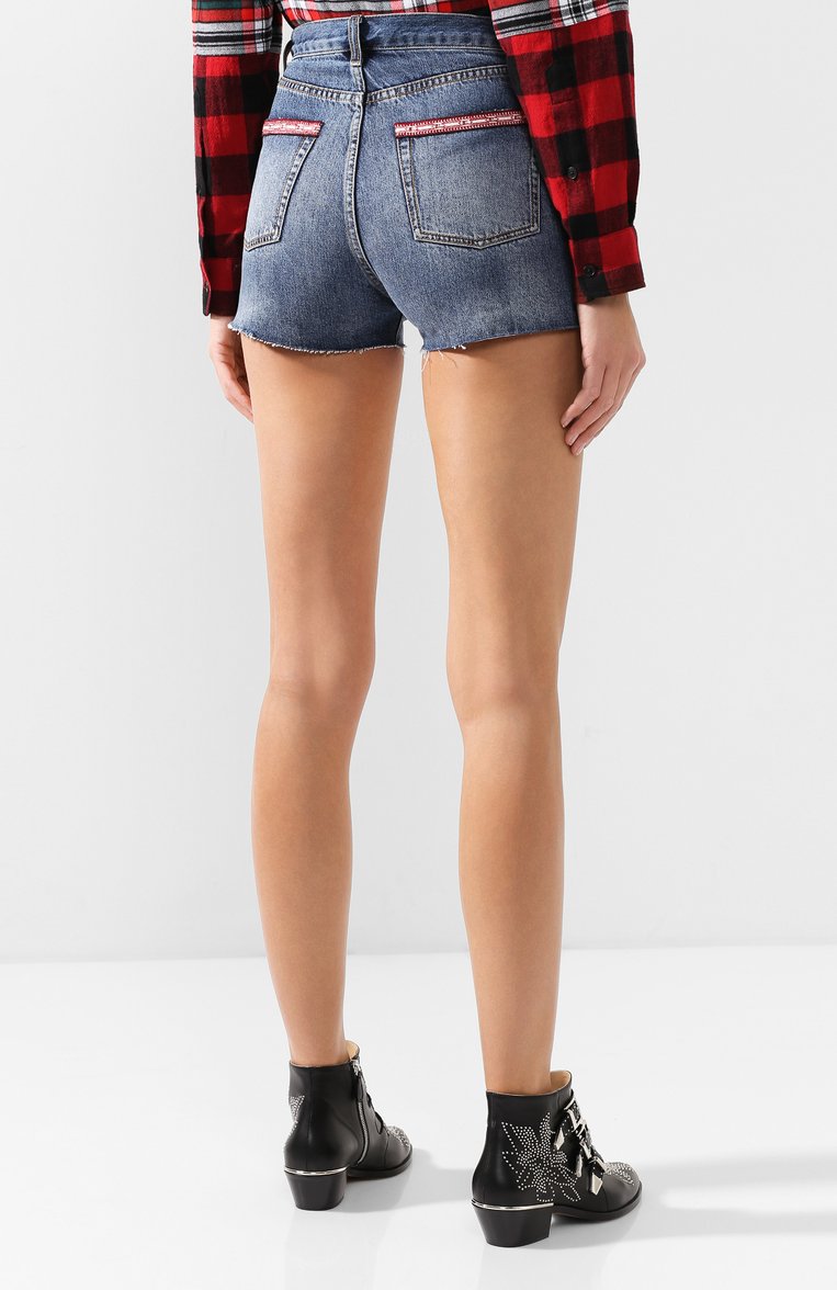 Женские джинсовые шорты с потертостями SAINT LAURENT синего цвета, арт. 550228/Y969T | Фото 4 (Материал внешний: Хлопок, Деним; Статус проверки: Проверено; Длина Ж (юбки, платья, шорты): Мини; Женское Кросс-КТ: Шорты-одежда; Кросс-КТ: Деним)