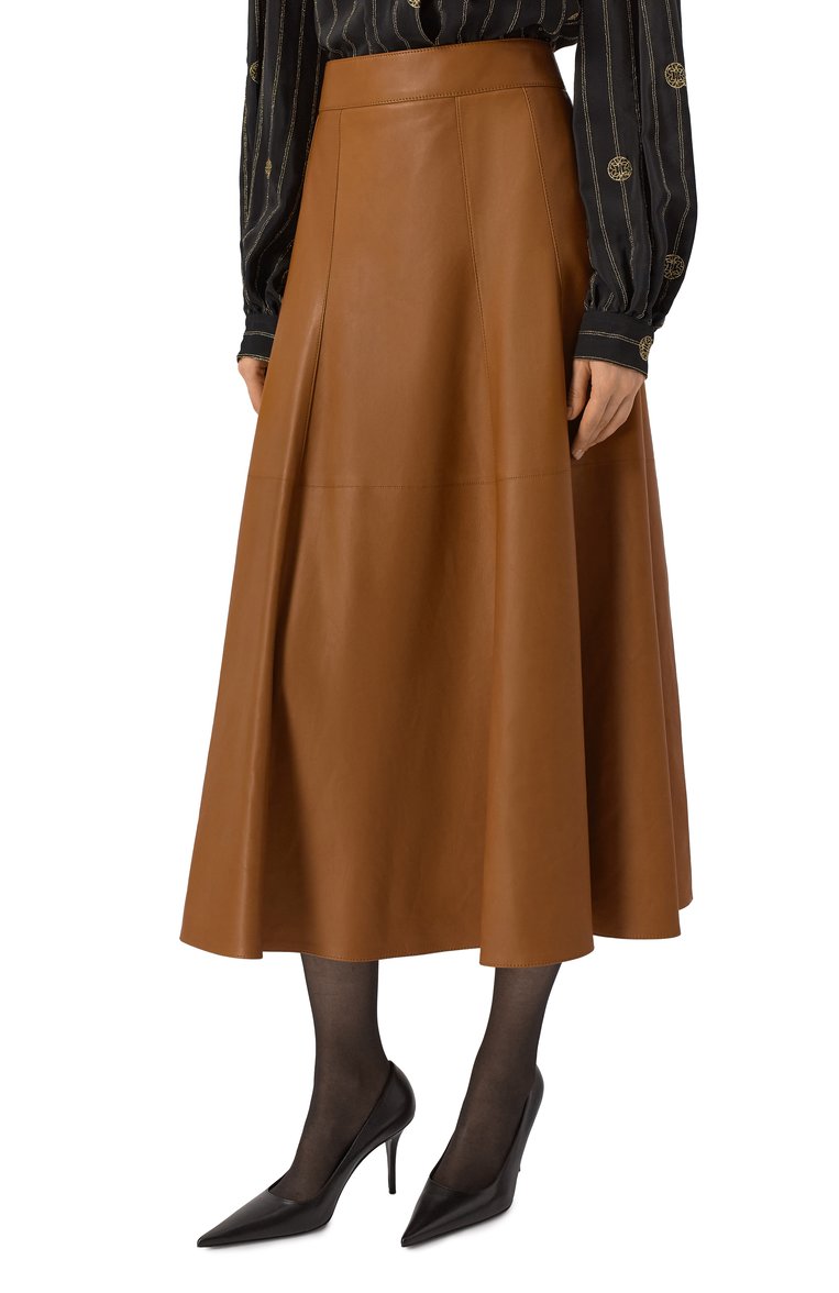 Женская кожаная юбка SAINT LAURENT коричневого цвета, арт. 815238/Y50A2 | Фото 3 (Материал внешний: Натуральная кожа; Автоматизация состава: Проставлено; Автоматизация ТО: Проставлено; Длина Ж (юбки, платья, шорты): Миди; Стили: Кэжуэл; Материал подклада: Шелк)