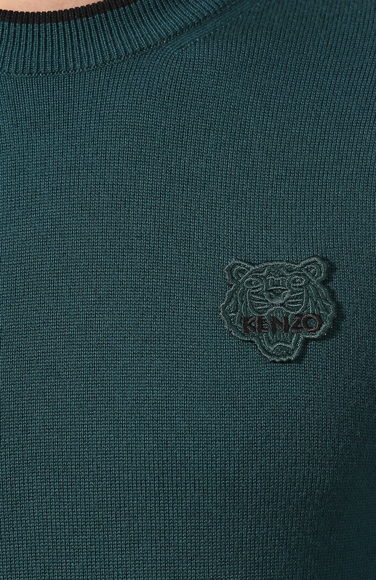 Мужской шерстяной джемпер KENZO зеленого цвета, арт. F965PU2023AB | Фото 5 (Материал внешний: Шерсть; Длина (для топов): Стандартные; Рукава от горловины: Длинные; Мужское Кросс-КТ: Джемперы; Рукава: Длинные; Статус проверки: Проверено, Проверена категория; Принт: Без принта; Вырез: Круглый; Стили: Кэжуэл)