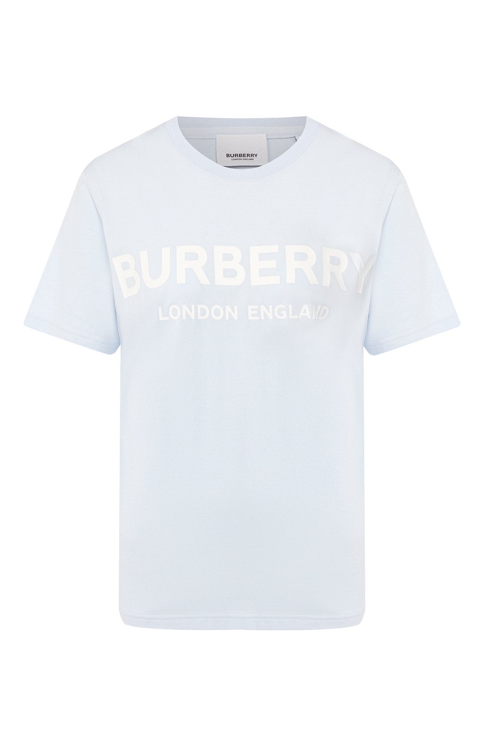 Хлопковая футболка BURBERRY голубого цвета по цене 44900 руб., арт. 8021271, фото 1 Хлопковая футболка BURBERRY, арт. 8021271, фото 1