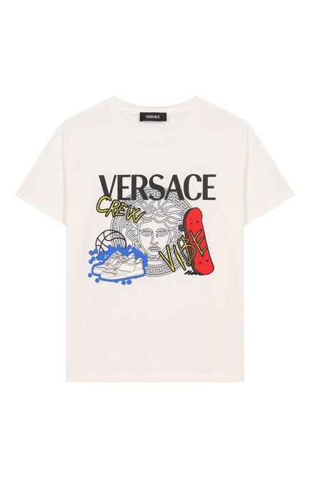 Детская хлопковая футболка VERSACE молочного цвета, арт. 1018293/1A13078/8A-14A | Фото 1 (Материал сплава: Проставлено; Материал внешний: Хлопок; Драгоценные камни: Проставлено; Рукава: Короткие)