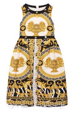 Детское шелковое платье VERSACE разноцветного цвета, арт. YC000090/YA00279/6A | Фото 1 (Статус проверки: Проверена категория; Материал подклада: Вискоза; Материал внешний: Шелк; Принт: С принтом; Девочки Кросс-КТ: Платье-одежда; Случай: Повседневный; Драгоценные камни: Проставлено; Материал сплава: Проставлено)
