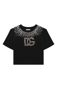 Детская хлопковая футболка DOLCE & GABBANA черного цвета, арт. L5JTMD/G7K2V/2-6 | Фото 1 (Девочки Кросс-КТ: футболка-одежда; Рукава: Короткие; Материал сплава: Проставлено; Материал внешний: Хлопок; Драгоценные камни: Проставлено)