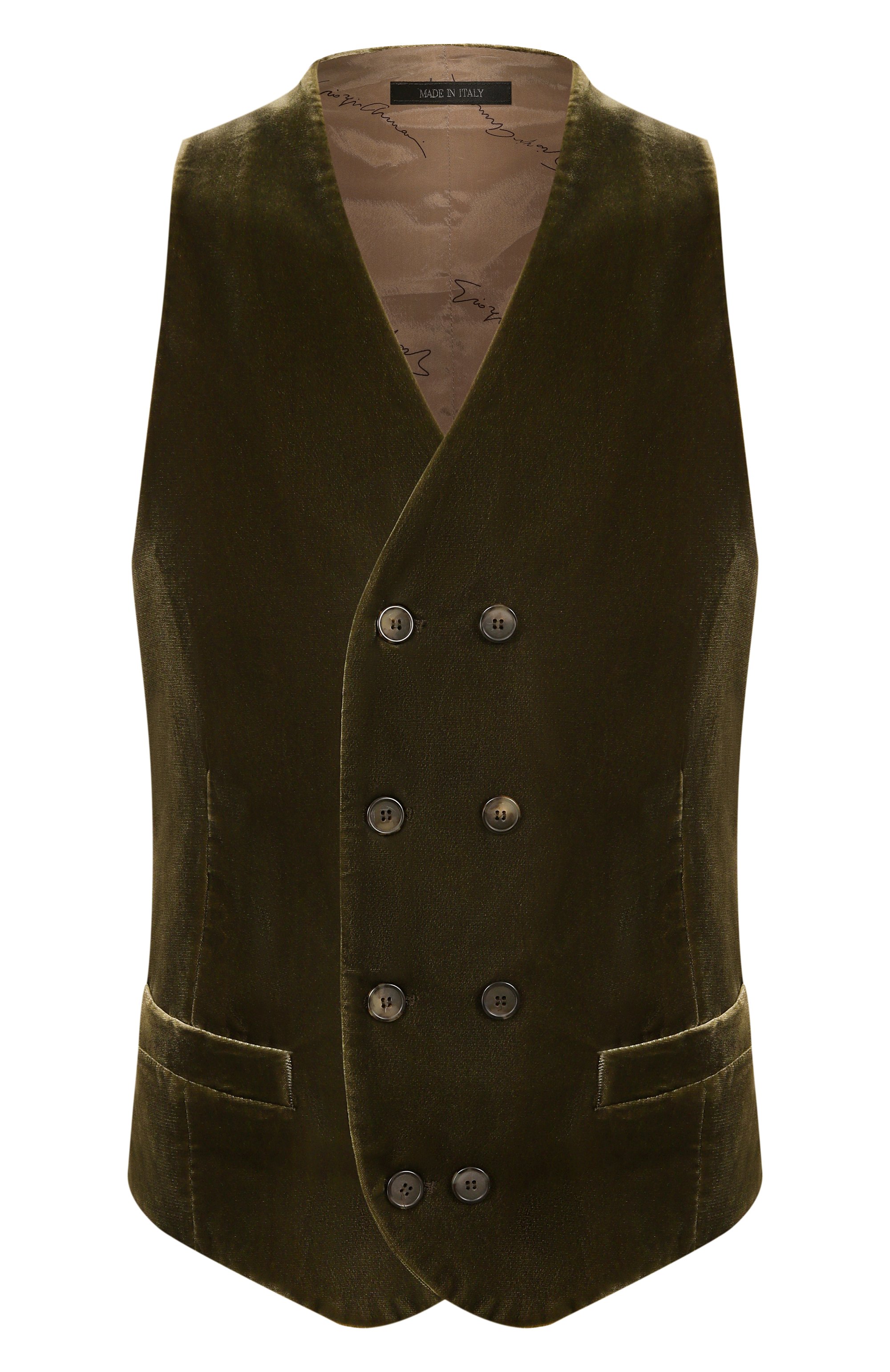 Бархатный жилет GIORGIO ARMANI хаки цвета по цене 111000 руб., арт. 0WGGK01T/T0025, фото 1 Бархатный жилет GIORGIO ARMANI, арт. 0WGGK01T/T0025, фото 1