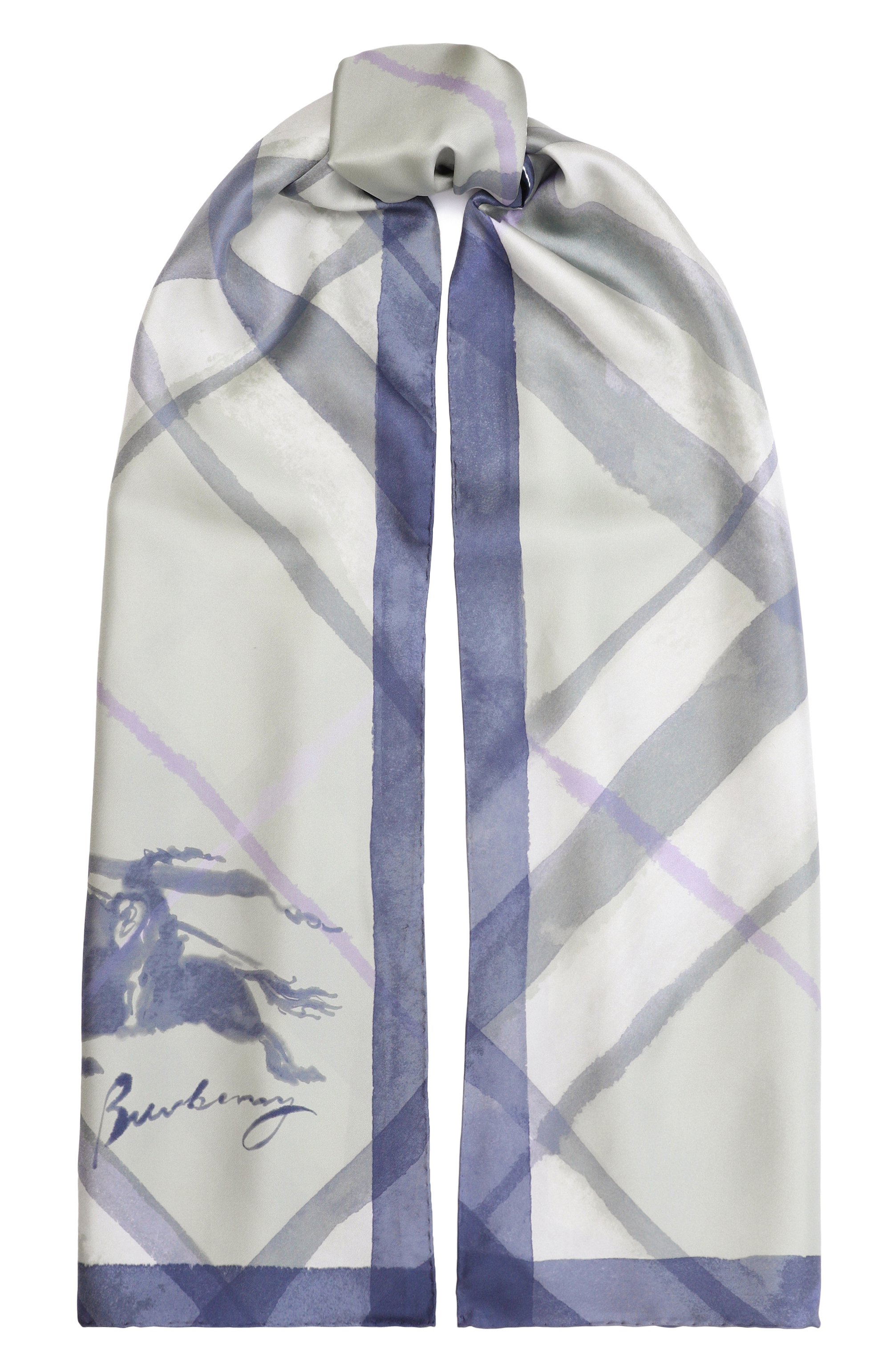 Шелковый шарф BURBERRY голубого цвета по цене 76250 руб., арт. 8120310, фото 1 Шелковый шарф BURBERRY, арт. 8120310, фото 1