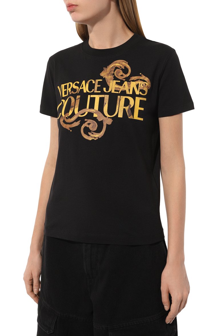 Женская хлопковая футболка VERSACE JEANS COUTURE черного цвета, арт. 76HAHG00/CJ00G | Фото 3 (Длина (для топов): Стандартные; Рукава: Короткие; Материал внешний: Хлопок; Стили: Кэжуэл; Принт: С принтом)