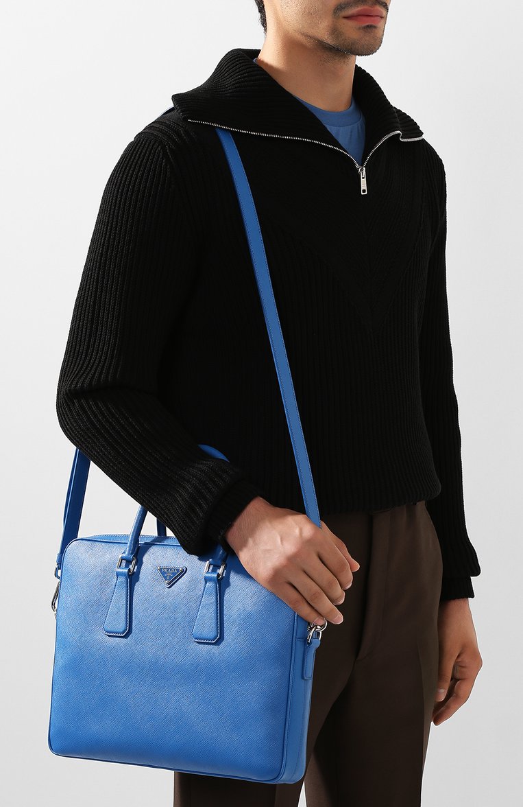 Мужская кожаная сумка для ноутбука PRADA синего цвета, арт. 2VE368-9Z2-F0NOF | Фото 5 (Ремень/цепочка: На ремешке; Материал: Натуральная кожа; Статус проверки: Проверена категория, Проверено; Размер: large)