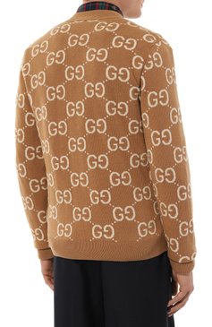 Мужской шерстяной кардиган GUCCI коричневого цвета, арт. 694758/XKCC5 | Фото 4 (Длина (для топов): Стандартные; Материал сплава: Проставлено; Рукава: Длинные; Материал внешний: Шерсть; Драгоценные камни: Проставлено; Мужское Кросс-КТ: Кардиган-одежда; Стили: Кэжуэл)