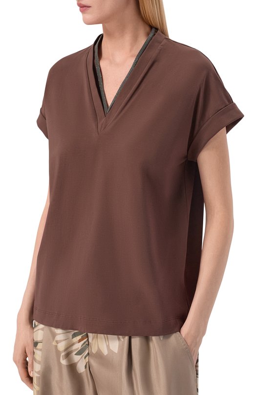 Хлопковая футболка Brunello Cucinelli MPT18BD222 Коричневый  MPT18BD222 Фото 3