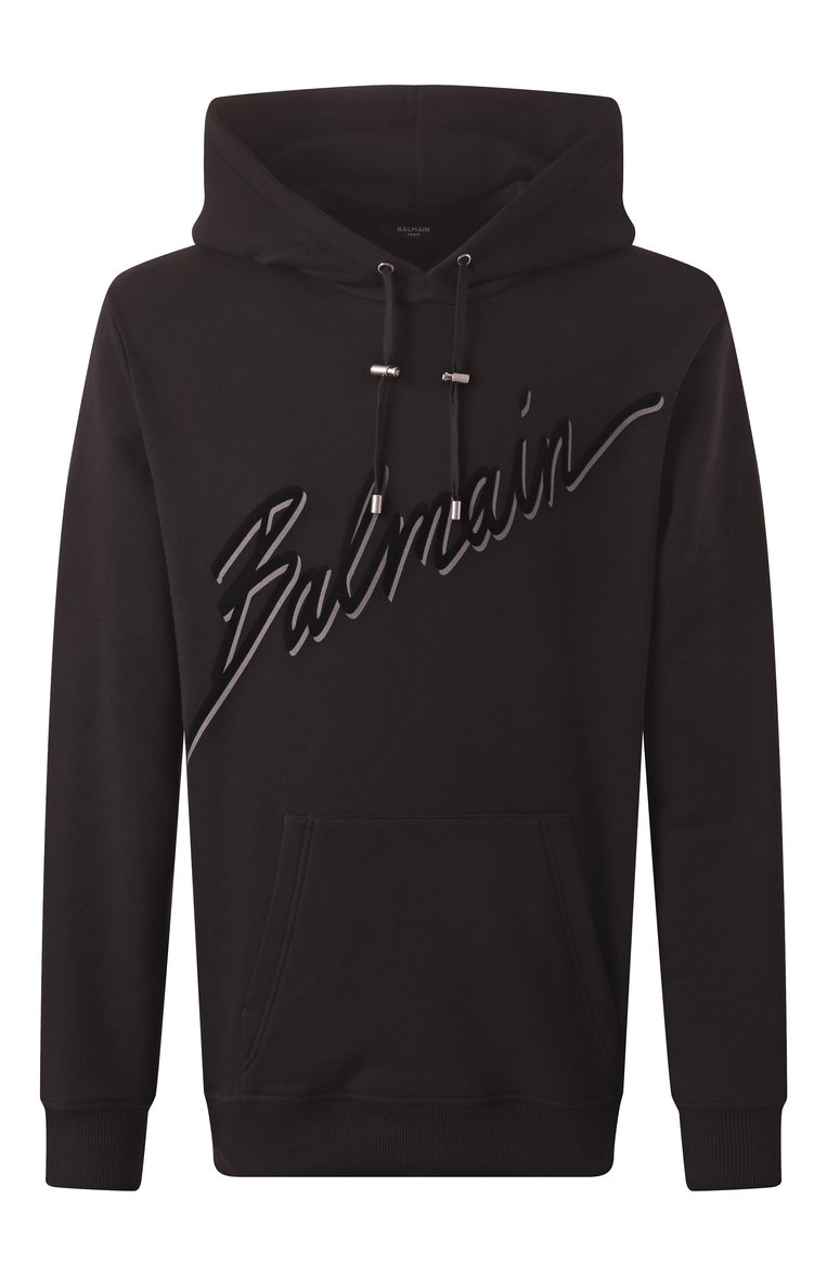 Мужской хлопковое худи BALMAIN черного цвета, арт. EH1JT047/BC86 | Фото 1 (Рукава: Длинные; Длина (для топов): Стандартные; Материал сплава: Проставлено; Драгоценные камни: Проставлено; Принт: С принтом; Мужское Кросс-КТ: Худи-одежда; Стили: Спорт-шик; Материал внешний: Хлопок)