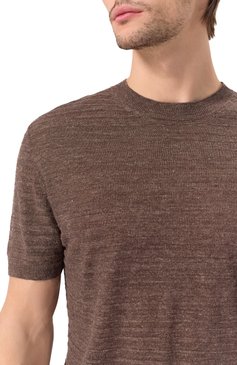 Мужской джемпер изо льна и шелка CORNELIANI коричневого цвета, арт. 25M565-2525114 | Фото 5 (Материал внешний: Шелк, Лен; Длина (для топов): Стандартные; Рукава: Короткие; Материал сплава: Проставлено; Драгоценные камни: Проставлено; Вырез: Круглый; Мужское Кросс-КТ: Джемперы; Принт: Без принта; Стили: Кэжуэл)