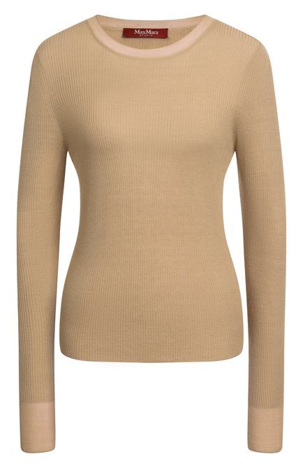 Женский пуловер из шелка и шерсти MAX MARA STUDIO бежевого цвета, арт. GIGANTE | Фото 1 (Длина (для топов): Стандартные; Драгоценные камни: Проставлено; Материал внешний: Шерсть, Шелк; Материал сплава: Проставлено; Рукава: Длинные)