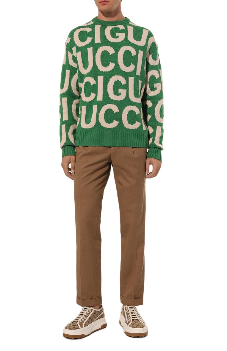 Мужской шерстяной свитер GUCCI зеленого цвета, арт. 763672/XKDLV | Фото 2 (Мужское Кросс-КТ: Свитер-одежда; Материал внешний: Шерсть; Длина (для топов): Стандартные; Рукава: Длинные; Стили: Кэжуэл; Принт: С принтом)