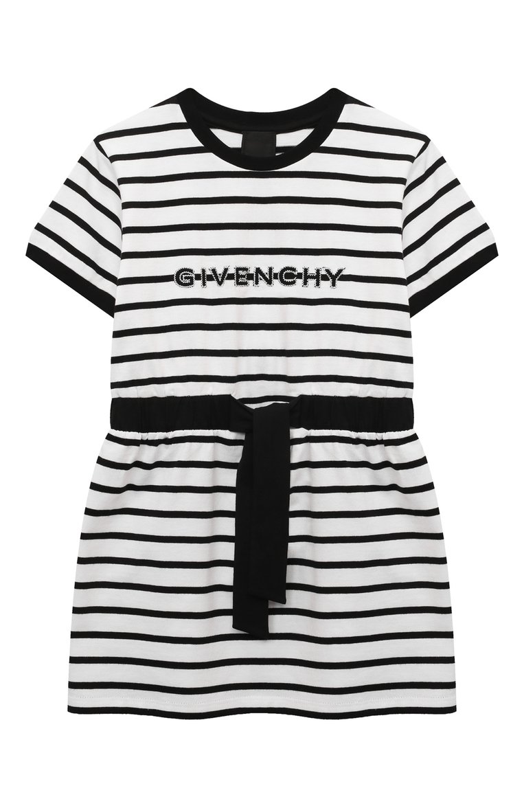 Детское хлопковое платье GIVENCHY черно-белого цвета, арт. H30043/4A-5A | Фото 1 (Материал сплава: Проставлено; Драгоценные камни: Проставлено; Рукава: Короткие; Материал внешний: Хлопок; Случай: Повседневный; Девочки Кросс-КТ: Платье-одежда; Ростовка одежда: 3 года | 98 см, 4 года | 104 см)