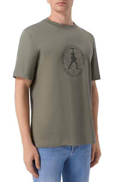 Хлопковая футболка BRUNELLO CUCINELLI хаки цвета по цене 75050 руб., арт. M0B138519W, фото 3 Хлопковая футболка BRUNELLO CUCINELLI, арт. M0B138519W, фото 3