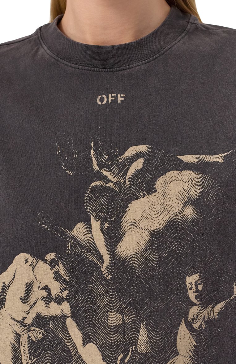Женская хлопковая футболка OFF-WHITE темно-серого цвета, арт. 0WAA089S25JER00A | Фото 5 (Стили: Кэжуэл; Принт: С принтом; Длина (для топов): Стандартные; Женское Кросс-КТ: Футболка-одежда; Рукава: Короткие; Материал внешний: Хлопок; Детали: Без декора; Автоматизация состава: Проставлено; Автоматизация ТО: Проставлено)
