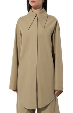 Женская хлопковая рубашка JIL SANDER хаки цвета, арт. J03DL0144/J45002 | Фото 3 (Рукава: Длинные; Принт: Без принта; Женское Кросс-КТ: Рубашка-одежда; Длина (для топов): Удлиненные; Материал сплава: Проставлено; Материал внешний: Хлопок; Драгоценные камни: Проставлено; Стили: Кэжуэл)