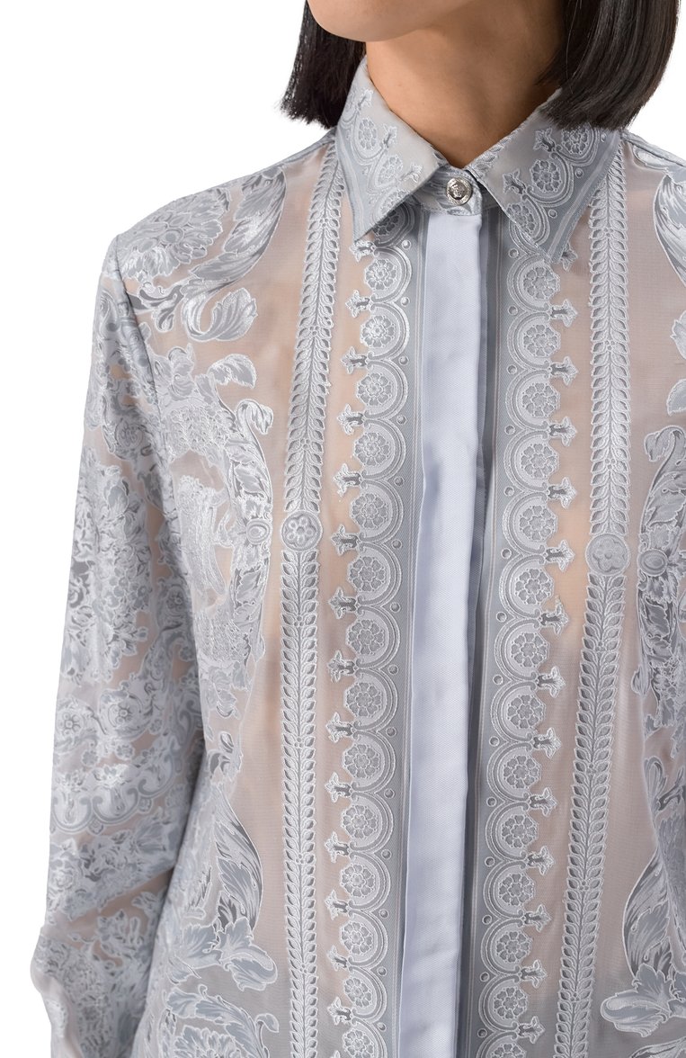 Женская блузка �из вискозы и шелка VERSACE голубого цвета, арт. 1001360/1A13358 | Фото 5 (Материал внешний: Вискоза, Шелк; Рукава: Длинные; Длина (для топов): Стандартные; Принт: С принтом; Женское Кросс-КТ: Блуза-одежда; Стили: Классический)