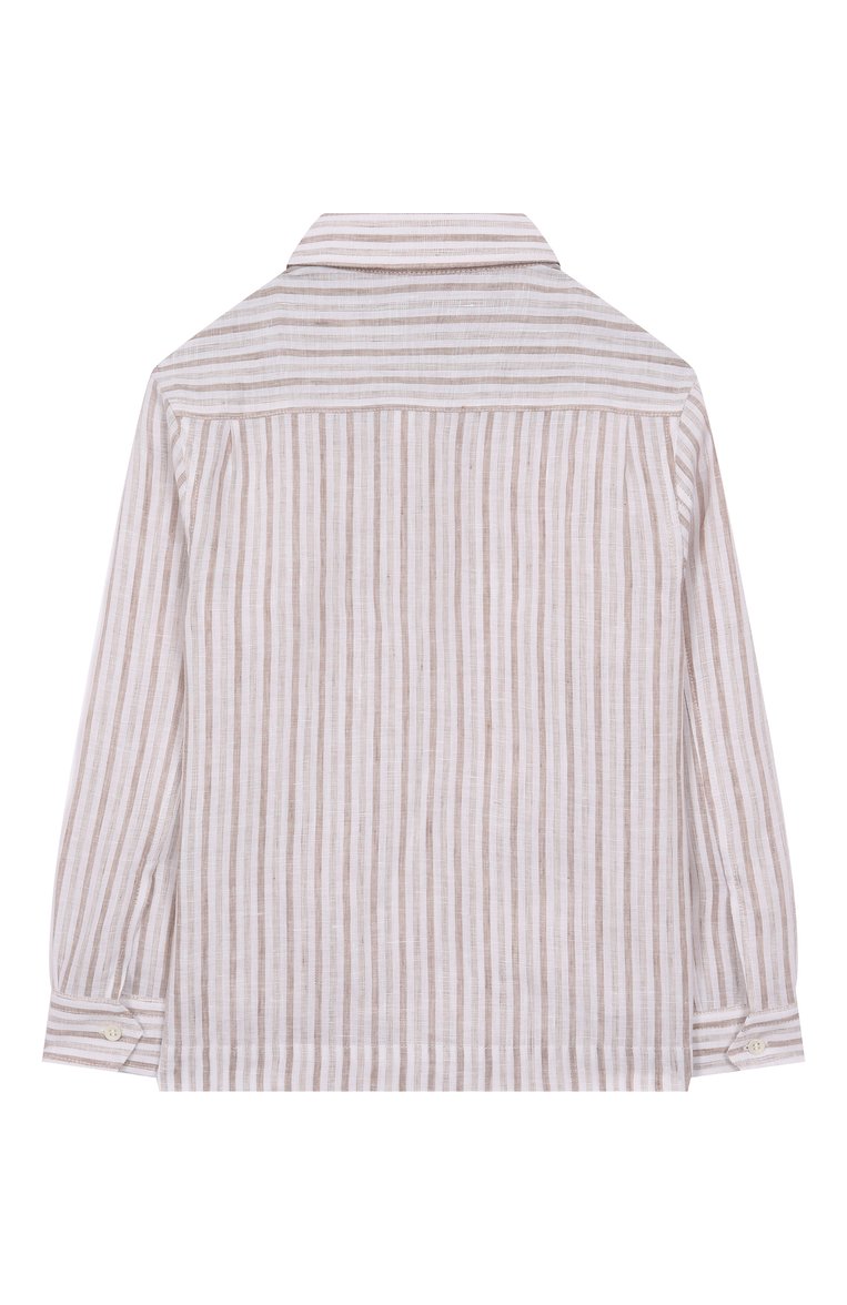Детская льняная рубашка BRUNELLO CUCINELLI бежевого цвета, арт. BM685C307B | Фото 2 (Автоматизация ТО: Проставлено; Автоматизация состава: Проставлено; Рукава: Длинные; Материал внешний: Лен; Случай: Повседневный; Ростовка одежда: 8 лет | 128 см, 9 лет | 134 см)