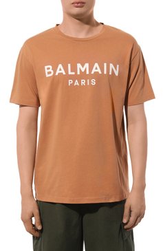 Мужская хлопковая футболка BALMAIN оранжевого цвета, арт. AH0EG000BB73 | Фото 3 (Рукава: Короткие; Длина (для топов): Стандартные; Принт: С принтом; Материал сплава: Проставлено; Материал внешний: Хлопок; Драгоценные камни: Проставлено; Стили: Кэжуэл)