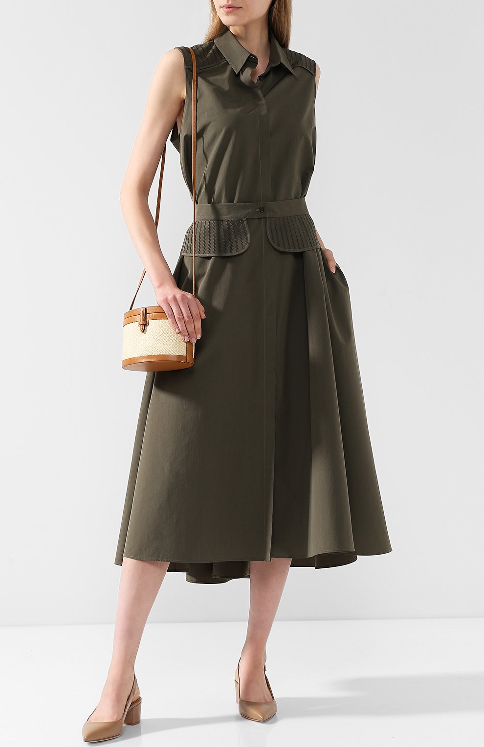 Приталенное платье-рубашка из смеси хлопка и шелка LORO PIANA хаки цвета по цене 254000 руб., арт. FAI0542, фото 2 Приталенное платье-рубашка из смеси хлопка и шелка LORO PIANA, арт. FAI0542, фото 2