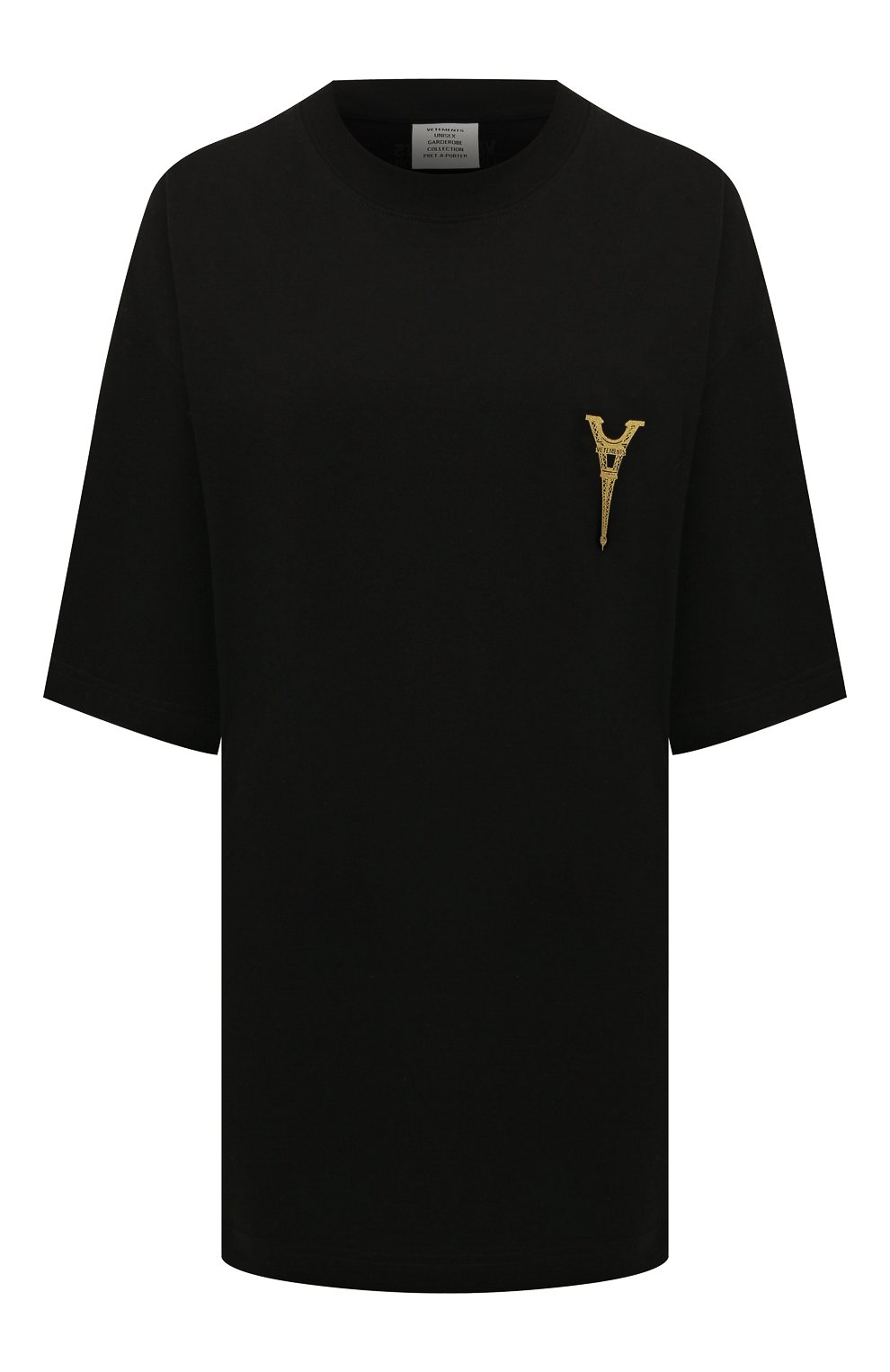 Хлопковая футболка VETEMENTS черного цвета по цене 44950 руб., арт. UA53TR250B 1611/W, фото 1 Хлопковая футболка VETEMENTS, арт. UA53TR250B 1611/W, фото 1