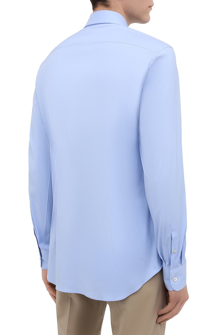 Мужская хлопковая сорочка PRADA голубого цвета, арт. UCM608-F62-F0012 | Фото 4 (Материал внешний: Хлопок; Длина (для топов): Стандартные; Рукава: Длинные; Случай: Формальный; Стили: Классический; Воротник: Кент; Принт: Однотонные; Манжеты: На пуговицах; Автоматизация ТО: Проставлено; Автоматизация состава: Проставлено; Детали: Без декора)