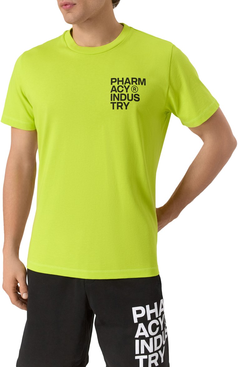 Мужская хлопковая футболка PHARMACY INDUSTRY салатового цвета, арт. PHABM00172 | Фото 3 (Длина (для топов): Стандартные; Рукава: Короткие; Материал внешний: Хлопок; Стили: Кэжуэл; Принт: С принтом; Кросс-КТ: Джерси; Мужское Кросс-КТ: Футболка-одежда)