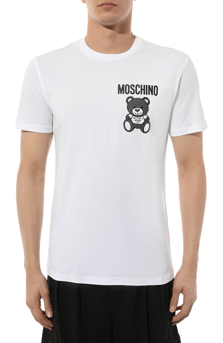 Мужская хлопковая футболка MOSCHINO белого цвета, арт. V0729/2041 | Фото 3 (Рукава: Короткие; Длина (для топов): Стандартные; Принт: С принтом; Материал сплава: Проставлено; Материал внешний: Хлопок; Стили: Спорт-шик; Драгоценные камни: Проставлено)