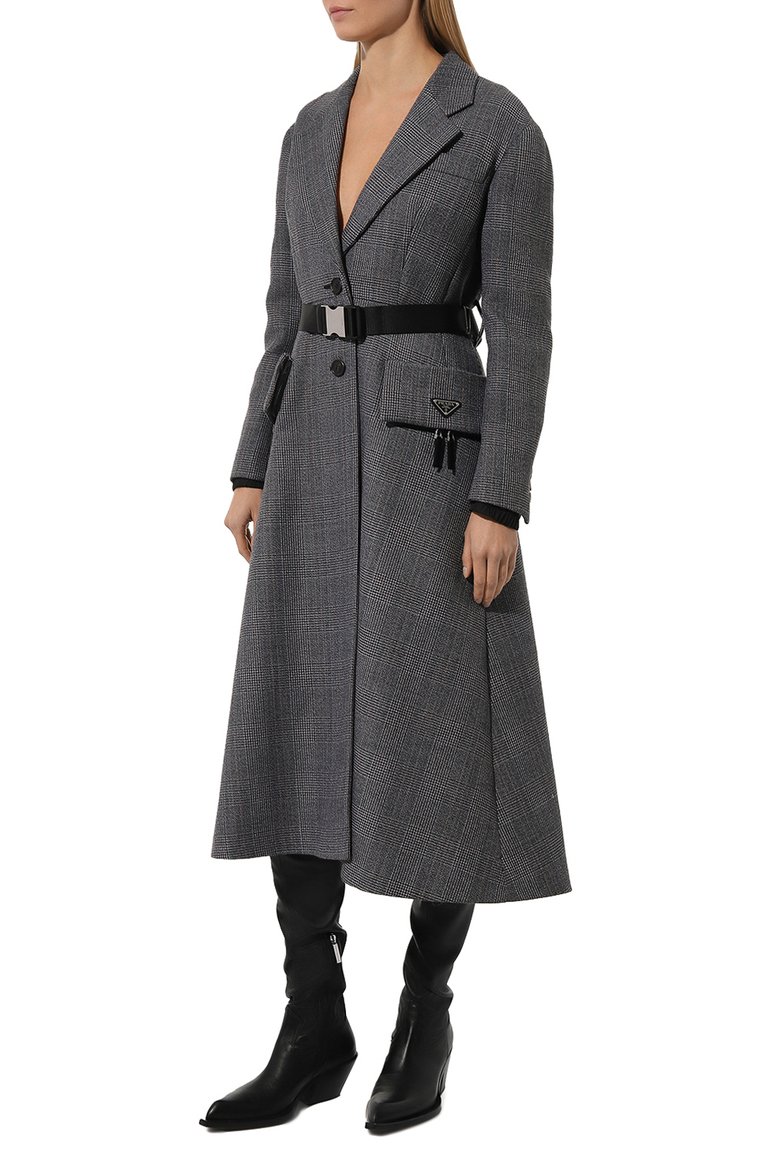 Женское шерстяное пальто PRADA серого цвета, арт. P672OH-1ZTI-F0002-212 | Фото 3 (Материал внешний: Шерсть; Длина (верхняя одежда): Длинные; Рукава: Длинные; 1-2-бортные: Однобортные; Стили: Кэжуэл)
