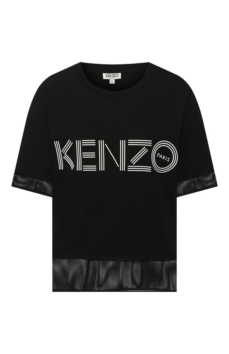 Женская хлопковая футболка KENZO черного цвета, арт. FA52TS617986 | Фото 1 (Материал внешний: Хлопок; Рукава: Короткие; Длина (для топов): Стандартные; Статус проверки: Проверено; Женское Кросс-КТ: Футболка-одежда; Стили: Спорт-шик; Принт: С принтом; Материал сплава: Проставлено; Драгоце�нные камни: Проставлено)