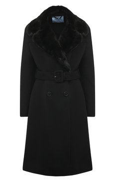 Женское шерстяное пальто PRADA черного цвета, арт. P689LP-1U0B-F0002-192 | Фото 1 (Материал внешний: Шерсть; Рукава: Длинные; Стили: Гламурный; Длина (верхняя одежда): До колена; Материал сплава: Проставлено; Драгоценные камни: Проставлено; 1-2-бортные: Двубортные)