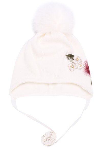 Вязаная шапка с вышивкой и меховым помпоном MONNALISA, арт. 390006F6, фото 1