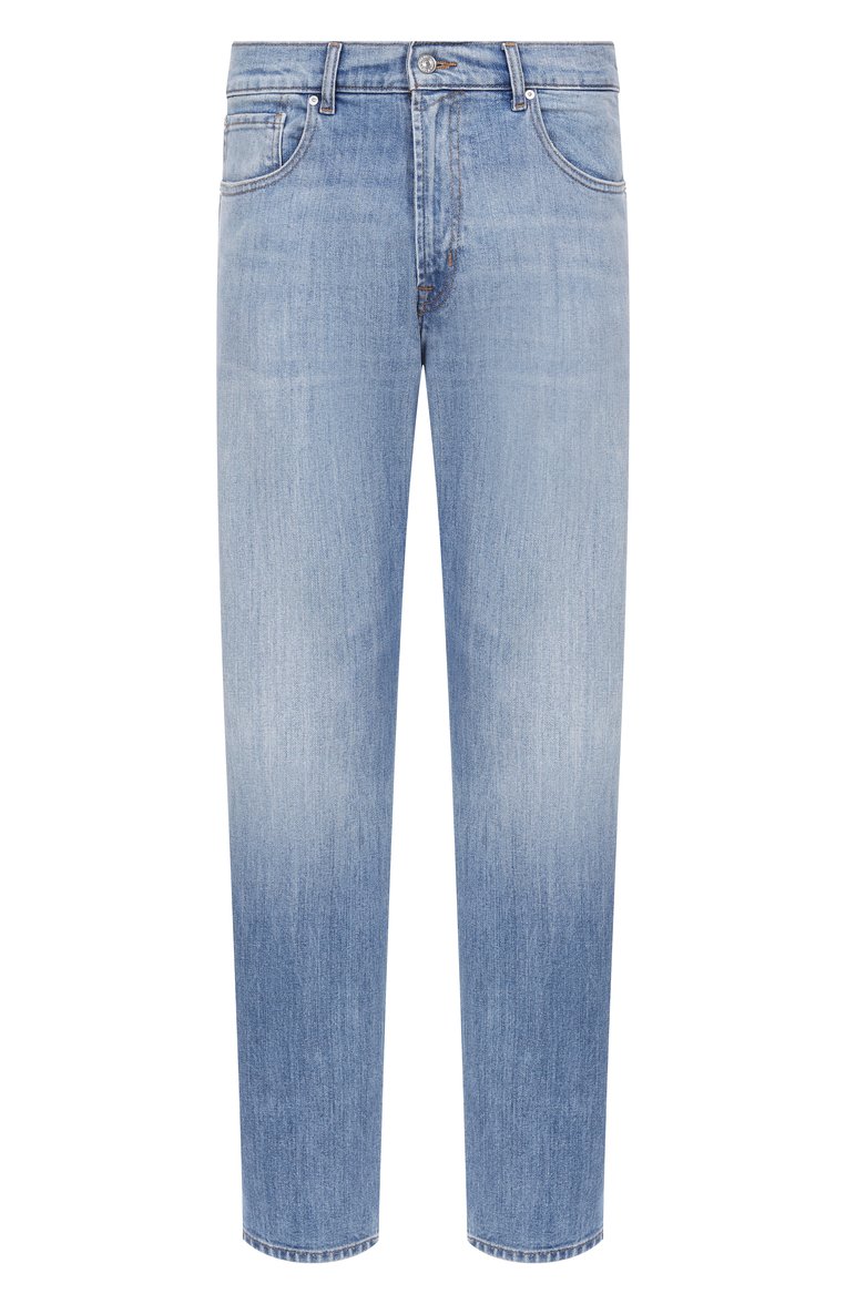 Мужские джинсы straight 7 FOR ALL MANKIND голубого цвета, арт. 7T099A56 | Фото 1 (Длина (брюки, джинсы): Стандартные; Детали: Делаве; Материал внешний: Хлопок, Деним; Кросс-КТ: Деним; Силуэт М (брюки): Прямые; Стили: Повседневный; Автоматизация ТО: Проставлено; Автоматизация состава: Проставлено)