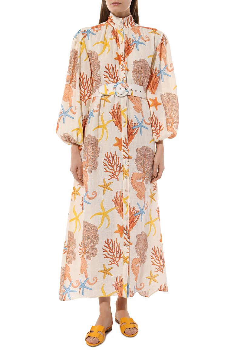 Женское льняное платье PALM NOOSA разноцветного цвета, арт. N0DDY DRESS | Фото 3 (Материал сплава: Проставлено; Рукава: Длинные; Материал внешний: Лен; Драгоценные камни: Проставлено; Длина Ж (юбки, платья, шорты): Миди; Женское Кросс-КТ: Платье-пляжная одежда; Стили: Романтичный)