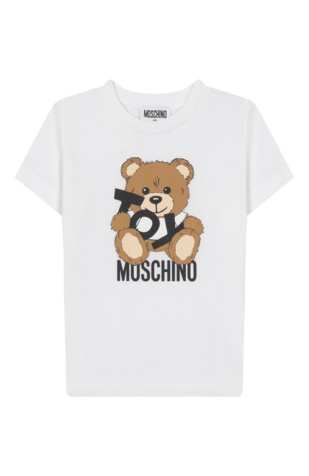 Детская хлопковая футболка MOSCHINO белого цвета, арт. H9M04K/LAA03/4-8 | Фото 1 (Рукава: Короткие; Драгоценные камни: Проставлено; Материал сплава: Проставлено; Материал внешний: Хлопок)