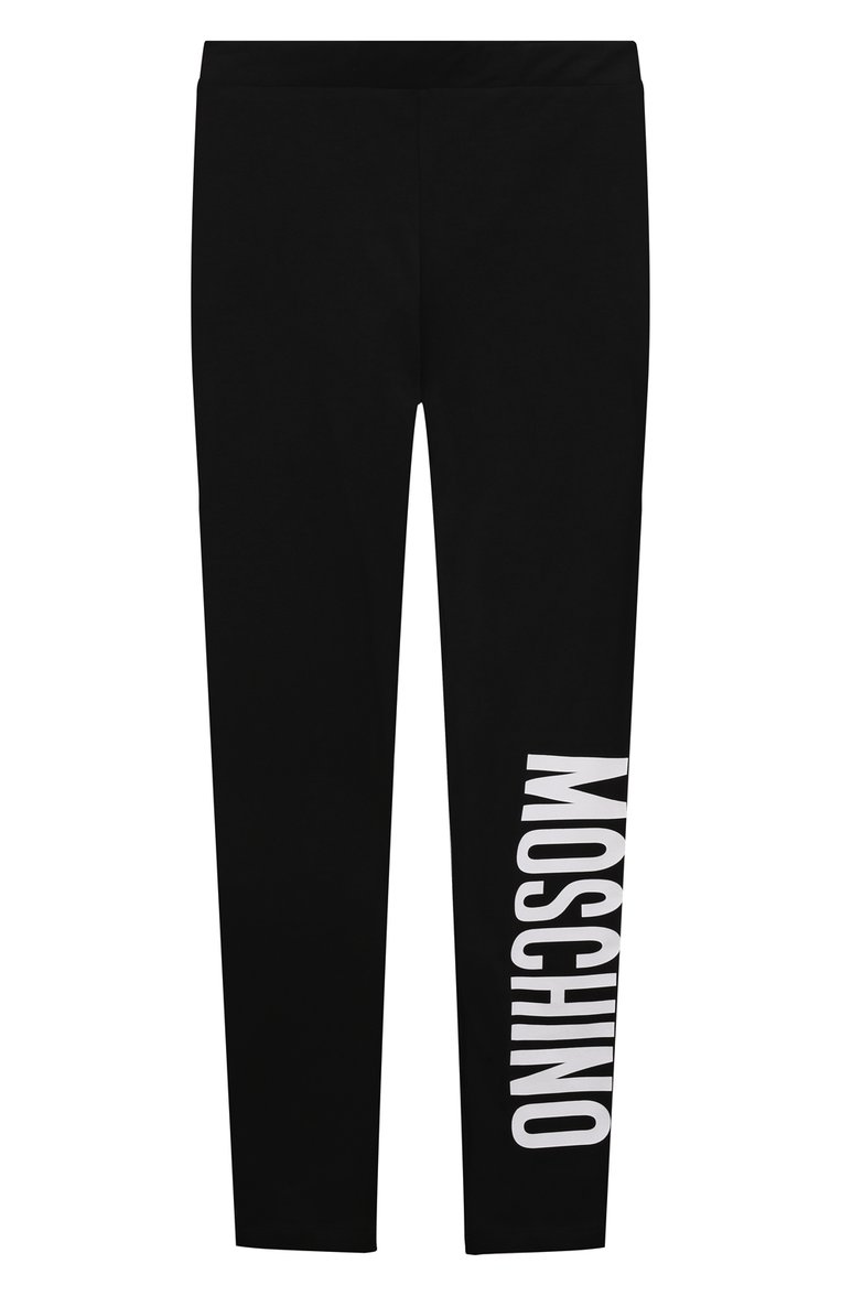 Детские хлопковые легинсы MOSCHINO черного цвета, арт. H4P047/LBA00/12 | Фото 1 (Материал внешний: Хлопок; Девочки Кросс-КТ: Леггинсы-одежда; Нос: Не проставлено)
