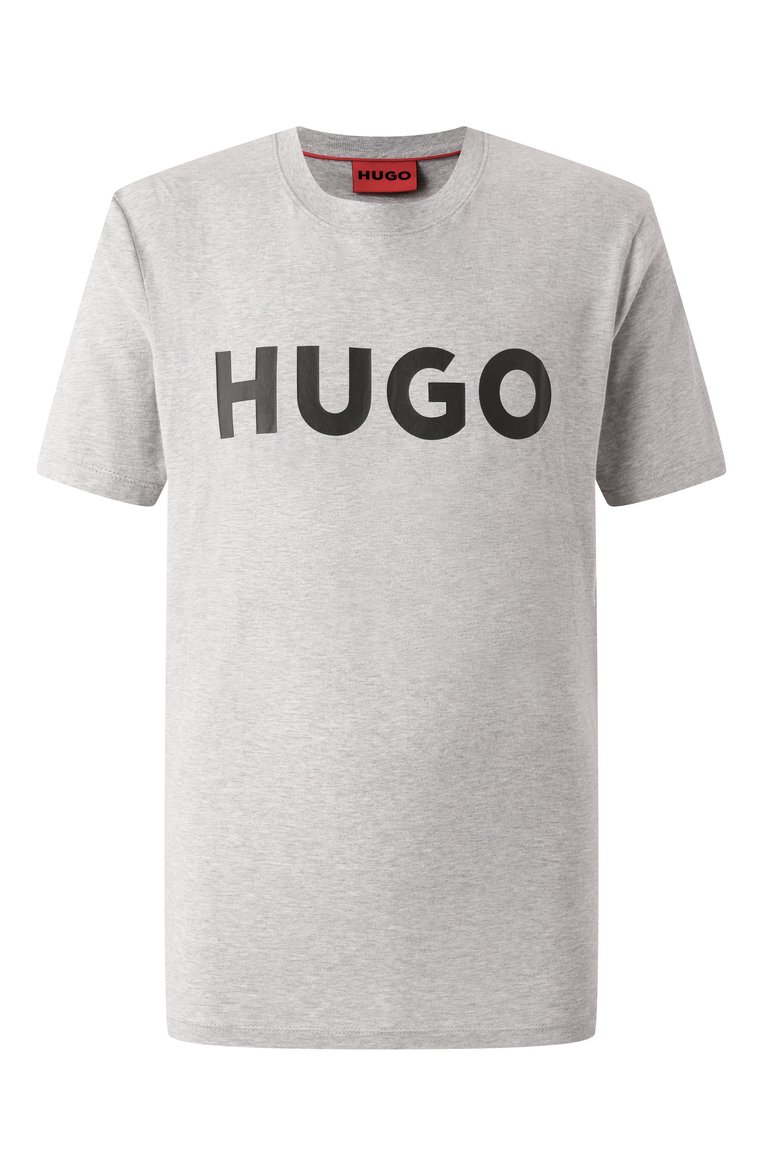 Мужская хлопковая футболка HUGO серого цвета, арт. 50467556 | Фото 1 (Длина (для топов): Стандартные; Материал внешний: Хлопок; Рукава: Короткие; Принт: С принтом; Стили: Кэжуэл; Кросс-КТ: Джерси; Мужское Кросс-КТ: Футболка-одежда)