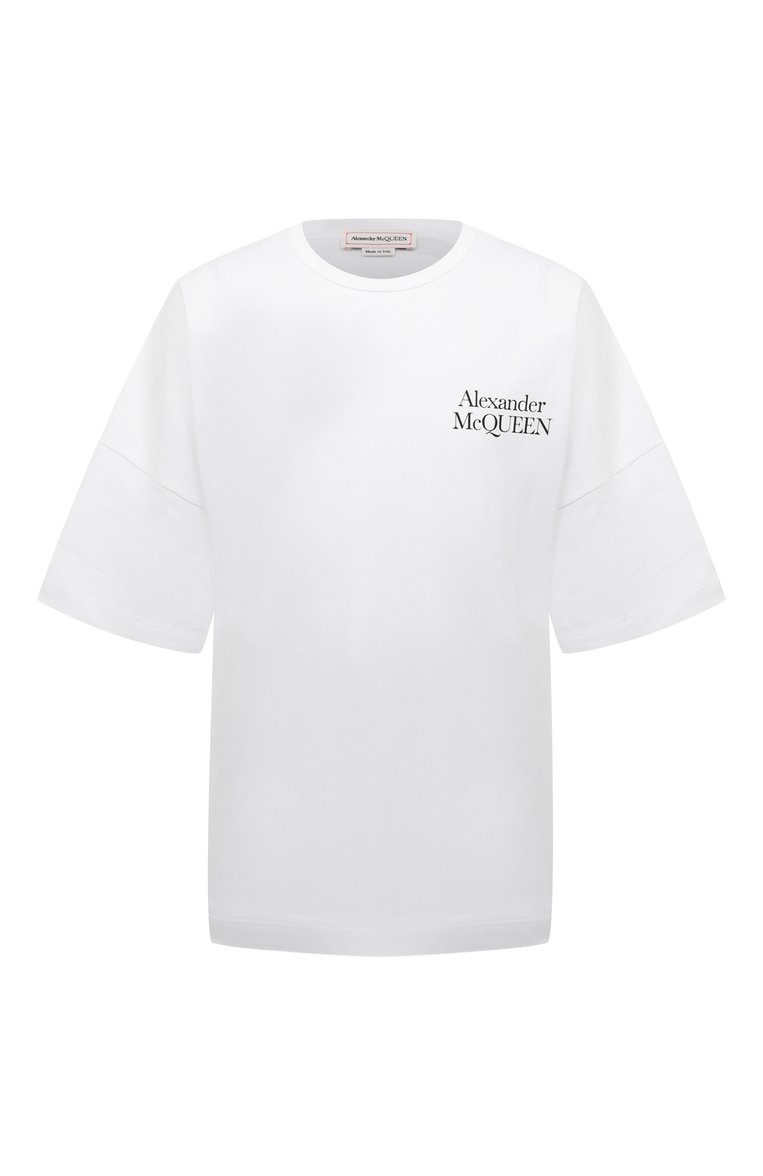 Мужская хлопковая футболка ALEXANDER MCQUEEN белого цвета, арт. 750655/QVZ06 | Фото 1 (Рукава: 3/4; Длина (для топов): Удли�ненные; Материал внешний: Хлопок; Принт: С принтом; Стили: Кэжуэл; Кросс-КТ: Джерси; Мужское Кросс-КТ: Футболка-одежда)